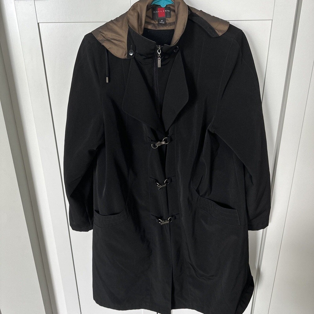 Gallery Womens Trench Coat Jacket Black Zip Up Liner Hood Outerwear Med Clasps